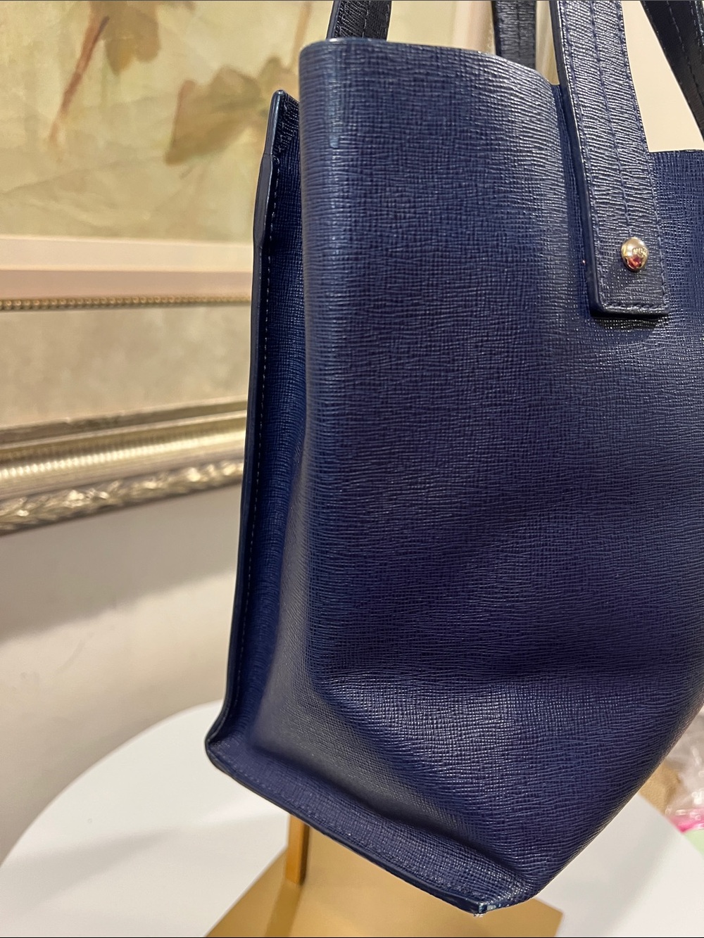 Furla Navy Structured Leather Satchel Tote - edge coat wear - Picture 4 of 14